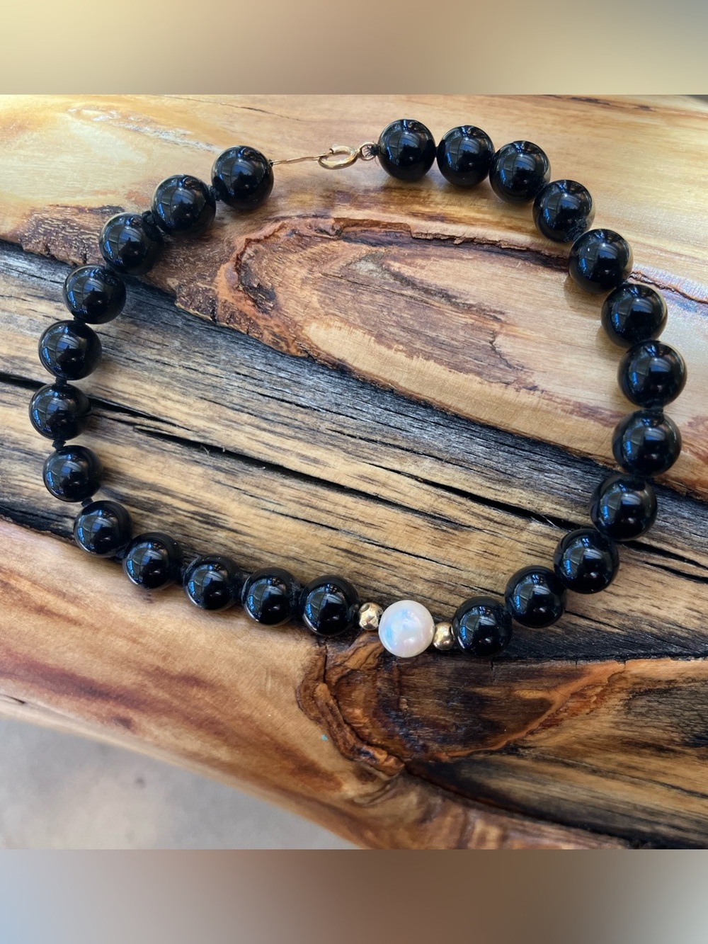 14k Vintage Black Onyx Pearl Gold beads Bracelet REAL GOLD